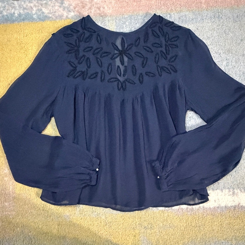 Mango Beaded Silk Long Sleeve Blouse Womens S M Sheer Fairy Boho Peasant READ